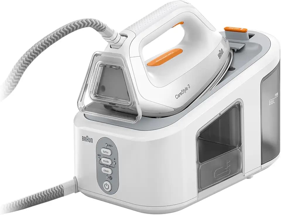 Braun CareStyle 3 Dampfbügelstation IS 3132 WH - mit FreeGlide 3D Bügelsohle, Pumpendruck 6 bar, großer 2 L Wassertank, Eco-Funktion, weiß/orange