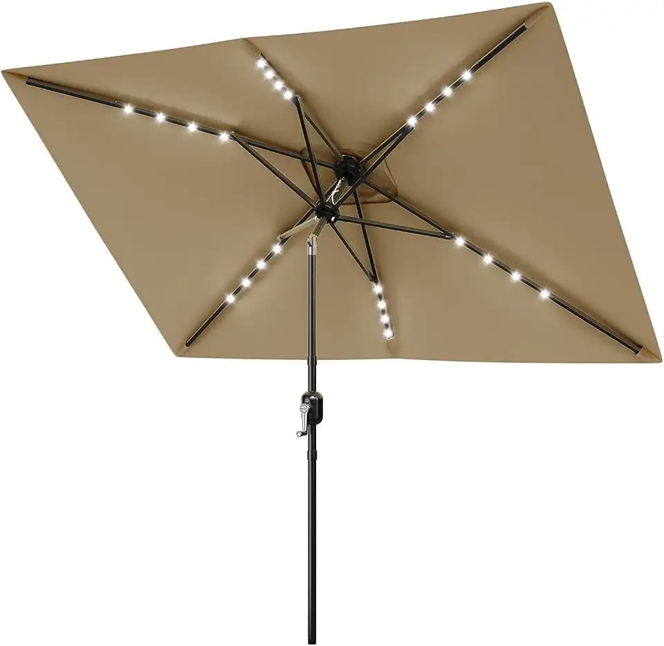 Garvee 10' x 6.5' Solar Rectangular Patio Umbrella with Lights, Outdoor Table Umbrella with Crank and Push Button Tilt, Market Umbrella with 6 Sturdy Ribs Tilt for Garden, Deck, Lawn, Pool