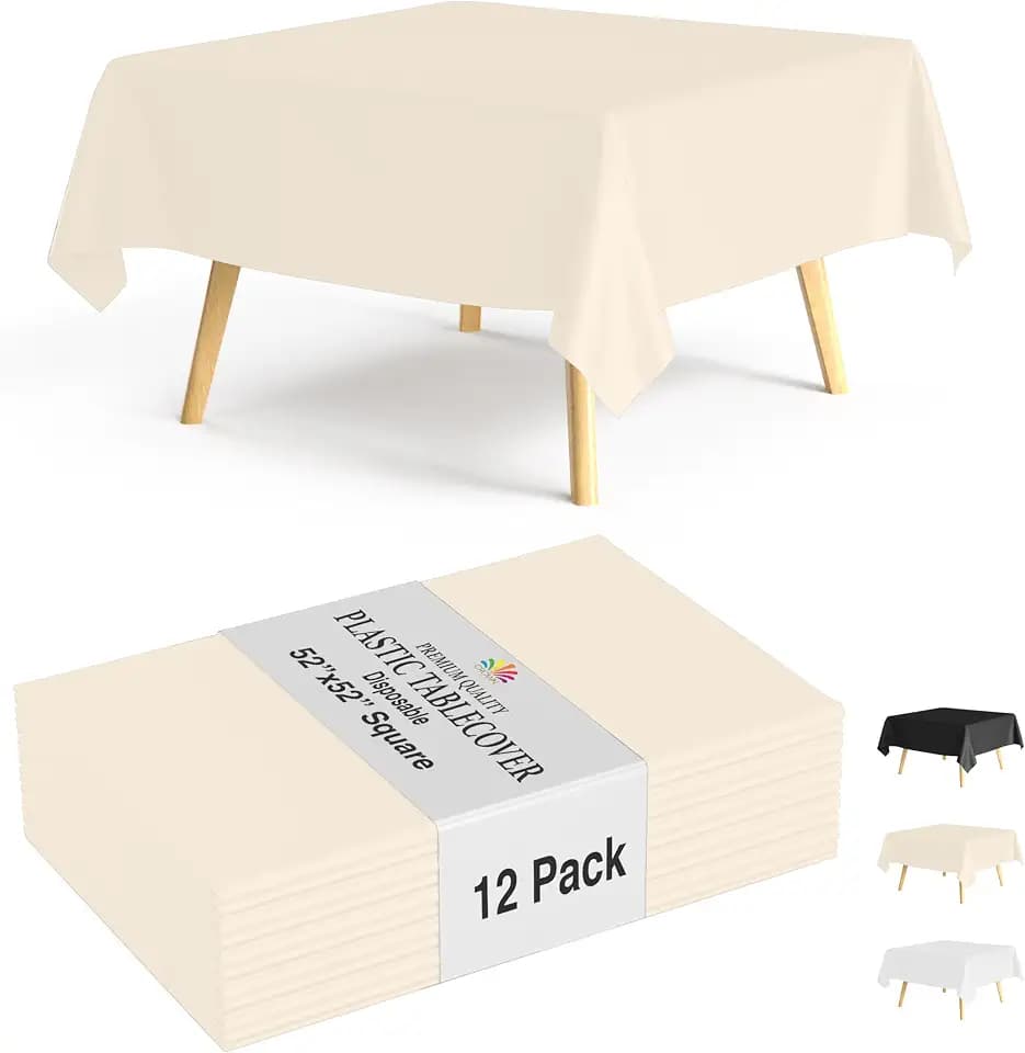 Party Solids 12-Pack Ivory Square Plastic Disposable Tablecloth – Size: 52 × 52 Inches – Square Table Cover for Parties, Picnics & Formal Events