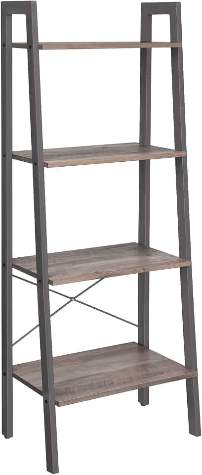 VASAGLE Standregal, Bücherregal, Leiterregal mit 4 Ebenen, Metall, stabil, einfache Montage, für Wohnzimmer, Schlafzimmer, Küche, Industrie-Design, Greige-grau LLS44MG