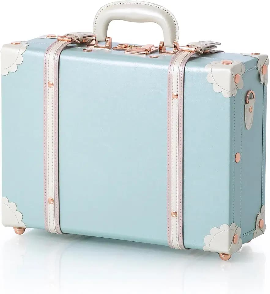 COTRUNKAGE 16" Carry On Suitcase Cute Pu Overnight Vintage Trunk Luggage Bag for Women with Strap, Sky Blue