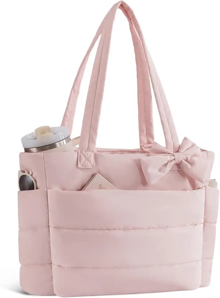 CTWWFS Puffer Tote Bag for Women, Quilted Bow Tote Bag with Cup Holder & Laptop Compartment for Work, Travel, Gym