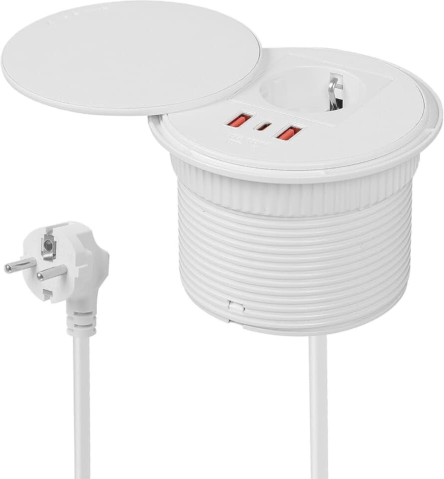 Einbausteckdose mit Abdeckung,Tischsteckdose mit 1 Schuko & 2 USB-A Anschluss & 1 USB-C Anschluss und 1,5m Netzkabel,Steckdosen für 90mm Tischloch