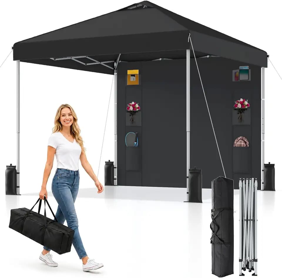 10x10 Pop Up Canopy with Sidewall, Instant Canopy Tent with Organizer Pockets, Carry Bag and One-Person Setup for Parties, Camping, Markets, Black