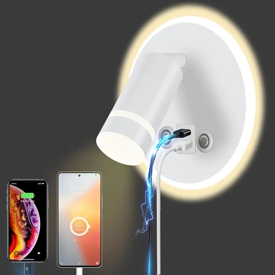 HUIZHOU LED Wandleuchte mit USB 12W, Leselampe Wandmontage mit Touch-Control, 3 Farbtemperaturen, 350° drehbar, Bettlampe Wand für Schlafzimmer & Wohnzimmer (Rund weiß)