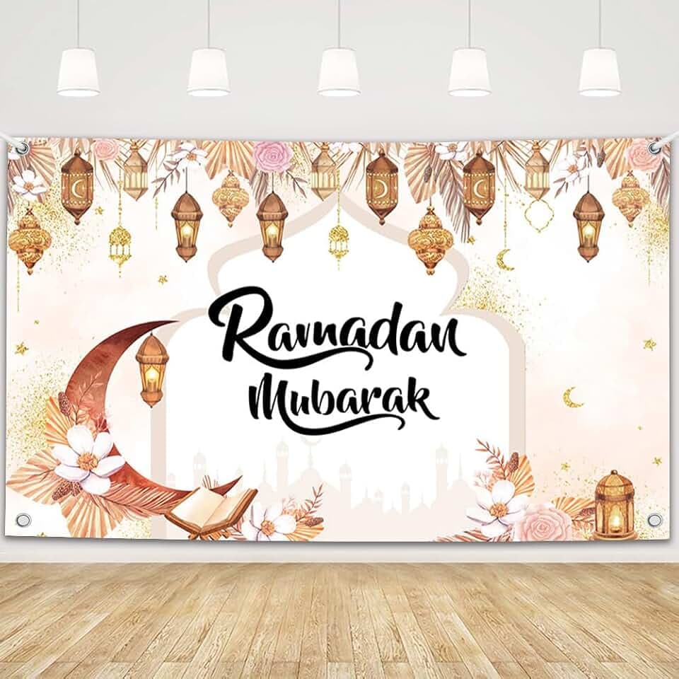 MEHOFOND Ramadan Mubarak Backdrop, Watercolor Lantern Moon Flower Islamic Muslim Ramadan Eid Decor Party Supplies Banner Photo Booth Props 6x3.6ft