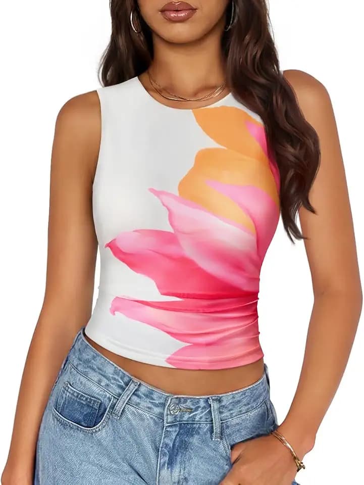 ZESICA Womens Summer Sleeveless Floral Mesh Y2K Going Out Tank Tops