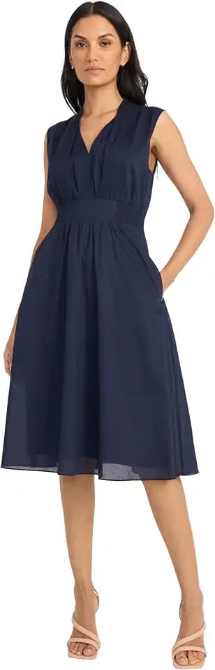 Maggy London Women's Women's Semi Sheer Overlay Empire Waist Midi - Pleated V Neck Sleeveless - Wedding Guest Dress