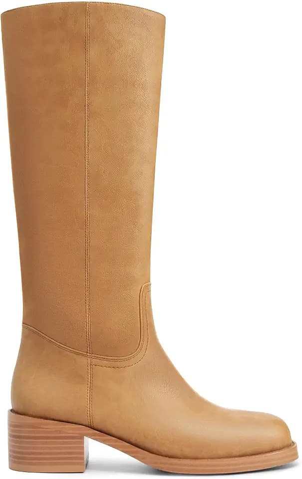 Gothictor Women's Banana Knee High Boots Square Toe Chunky Block Heel Comfortable Low Heel Pull on Wide Calf Riding Long Boots for Women