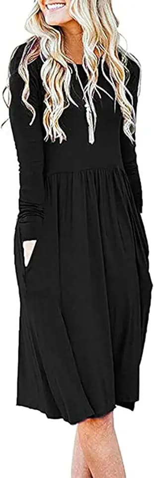 AUSELILY Women Long Sleeve Dresses Round Neck Casual Spring Swing Dress with Pockets