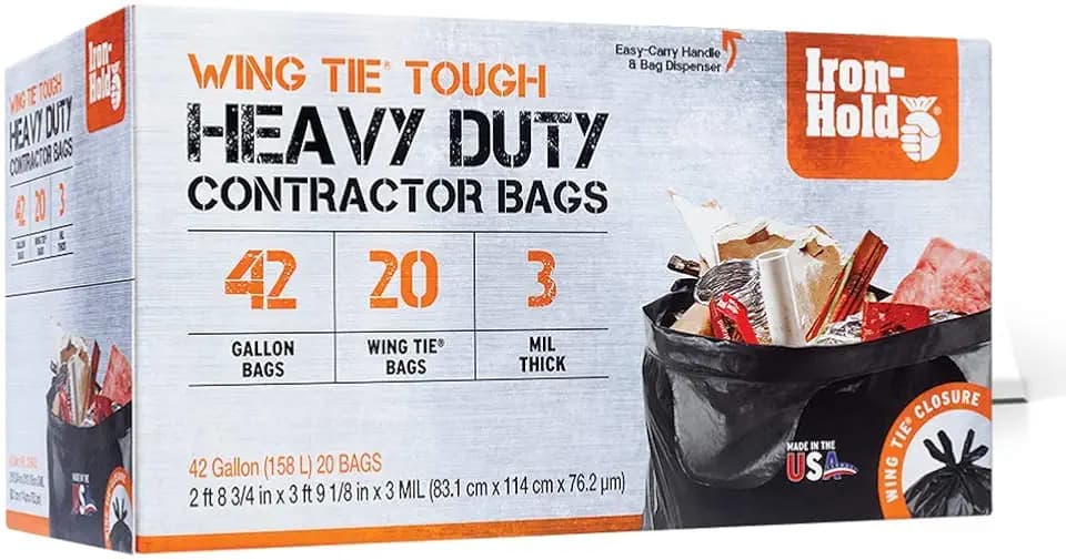 Contractor Trash Bags - 42 Gallon, 20 Bags, Wing Tie Closure, 3 MIL Thick, Gusseted Bottom, Black - Heavy Duty Industrial Strength Garbage Bags
