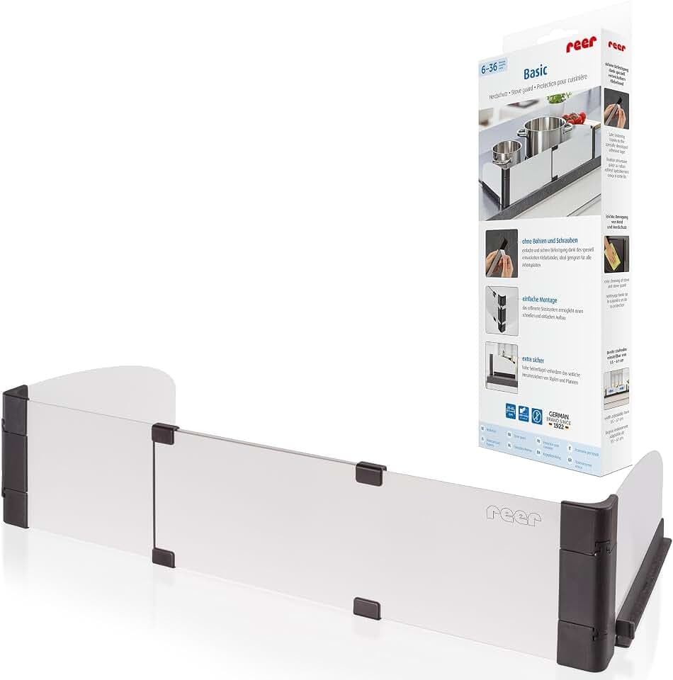 reer BASIC Herdschutzgitter | ausziehbar von 55 - 61 cm | Herdsicherung ohne Bohren | Herdgitter aus wärmeisolierendem Material | Kinder Herdschutz | Kindersicherung für Ceranfeld & Induktion