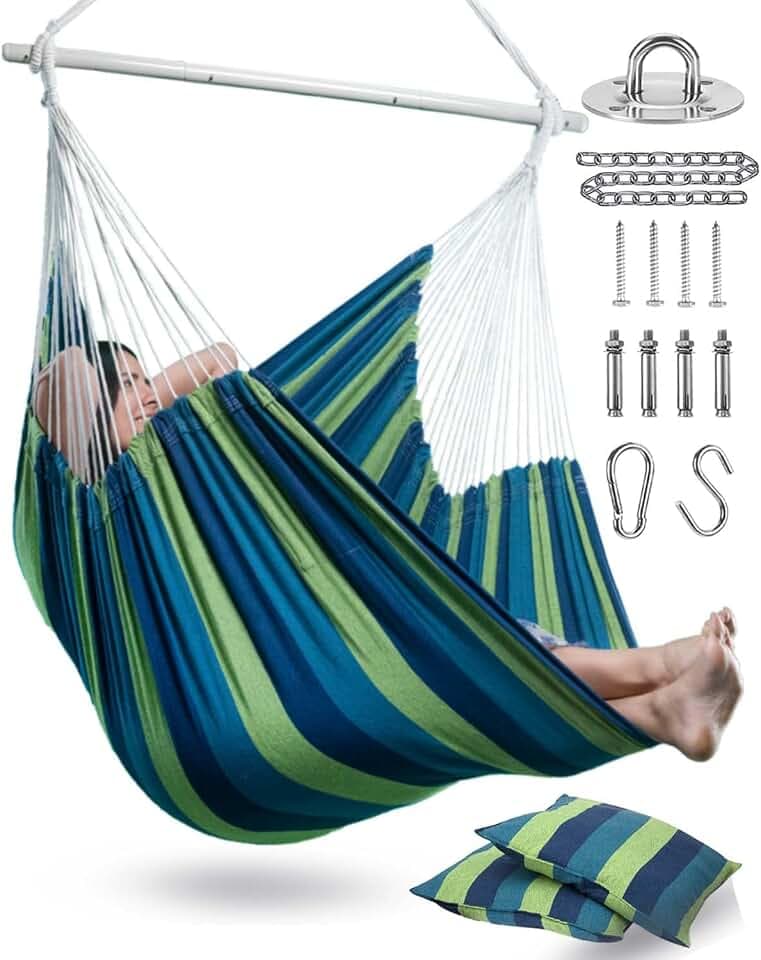 XXL Hammock Chair Hanging Rope Swing with 2 Cushions - Max 500lbs-Perfect for Patio, Porch, Bedroom, Backyard, Indoor or Outdoor - Includes Hanging Hardware Kits