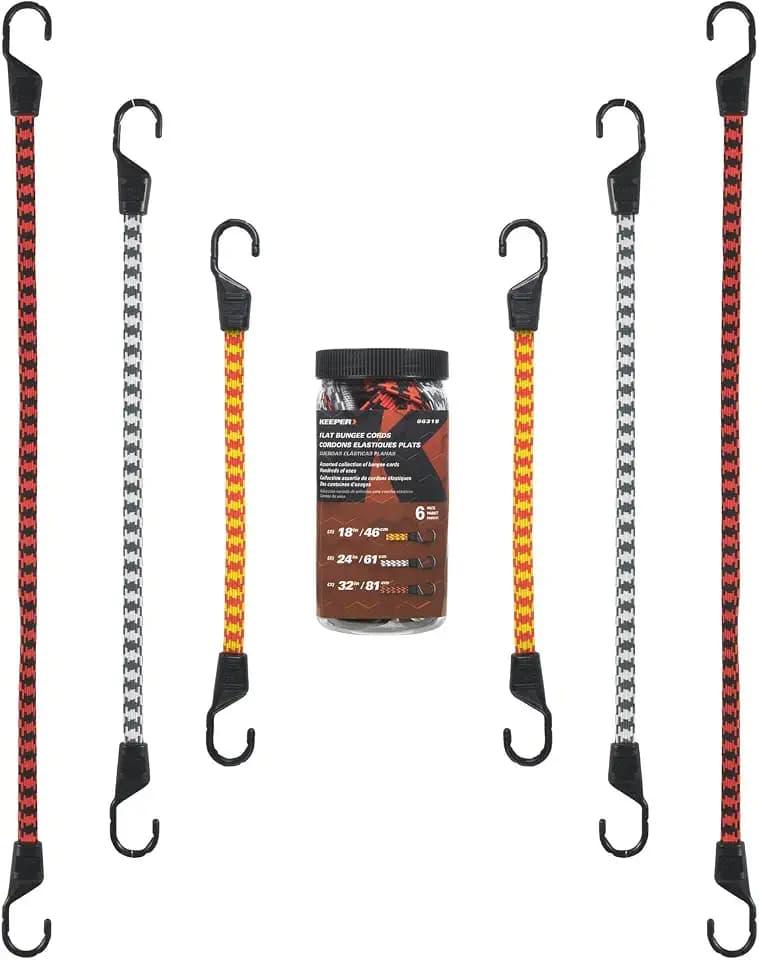 Keeper - Assorted Flat Bungee Cord in Multiple Colors, 6 Pack - 18", 24", and 32”