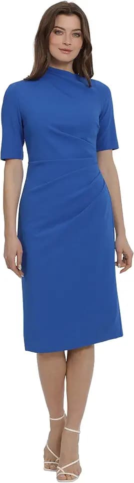 Maggy London Women's Maggy London Women's Dresses Side Pleat Dress with Asymmetric Neck and Elbow Sleeves