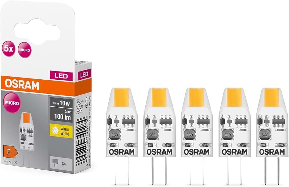 Osram LED BASE PIN MICRO, Vorteilspack mit 5 Niedervolt Leuchtmittel, ersetzt herkömmliche 10W PIN Speziallampen, warmweiß (2700K), 1W, G4 Sockel, mattes Glas, nicht dimmbar, ultrakompakt