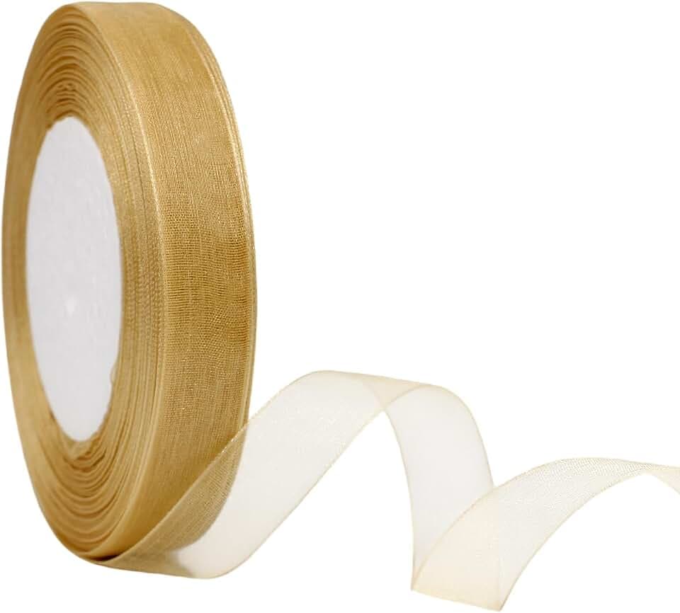 5/8 Inch 50 Yards Sheer Organza Ribbon Chiffon Ribbon for Gift Wrapping Birthday Wedding Bouquet Crafts (Champagne Gold)