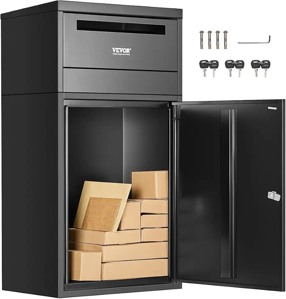 VEVOR Paketbriefkasten 500x325x909 mm, Paketkasten mit Schloss, Paketbriefbox aus verzinktem Stahl mit Diebstahlschutz-Design, Packstation für Zuhause und das Büro, Schwarz