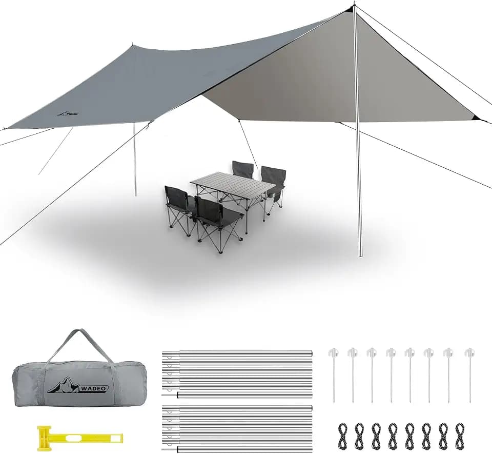 WADEO Camping Zeltplane wasserdicht Anti-UV, 3,6 x 4,8 m Camping Plane mit Stangen+Zeltheringen+Abspannleinen, Camping Tent Tarp Ultraleicht, Ideal für Urlaub Wandern Picknick im Freien - Grau