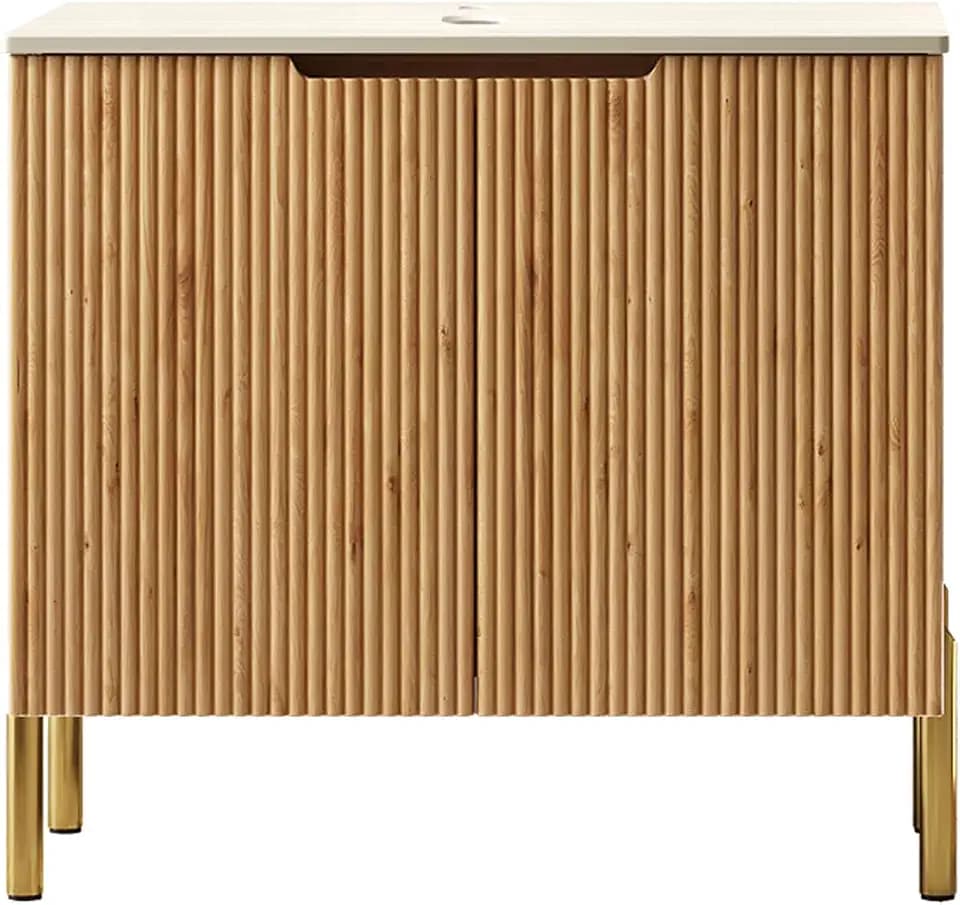 30" TURIO Freestanding Bathroom Cabinet, Natural Vanity Base with Carrara White Sintered Stone Countertop, Two Soft-Close Doors, French Striped Design, Bathroom Storage Unit, NO Basin, NO Faucet