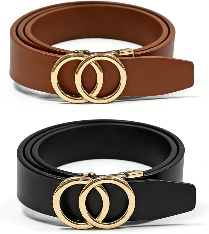 West Leathers 2-Pack Women's Genuine Leather Gold Buckle Slim Waist Belts