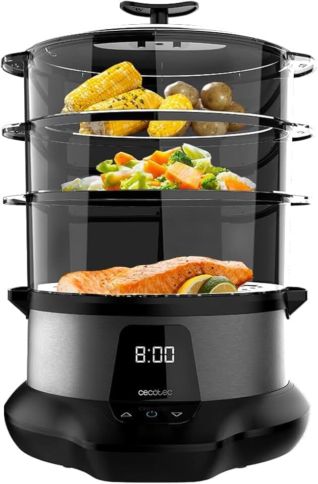 Cecotec Dampfgarer VapoVita 3000 Pro. Dampfgaren und Erhaltung von Nährstoffen und Vitaminen. 1000 W, Digital, 1 Liter Kapazität, inklusive 3 Behälter, nicht elektrische Teile spülmaschinengeeignet.