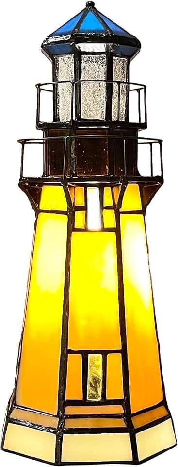 Bieye L30979 Tiffany-Stil Leuchtturm-Tischleuchte aus Buntglas, 24 cm hoch