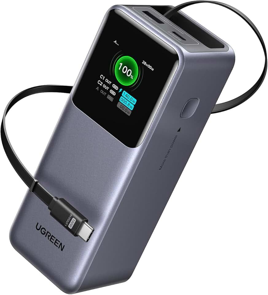 UGREEN Nexode Pro Power Bank 20000mAh 165W mit 65cm integriertem Kabel | 2x USB-C+1x USB-A, USB-C Port max. 100W, TFT Display, für Reisen/Büro, Laptop/Handy-Aufladung, Kompatibel mit MacBook, iPhone