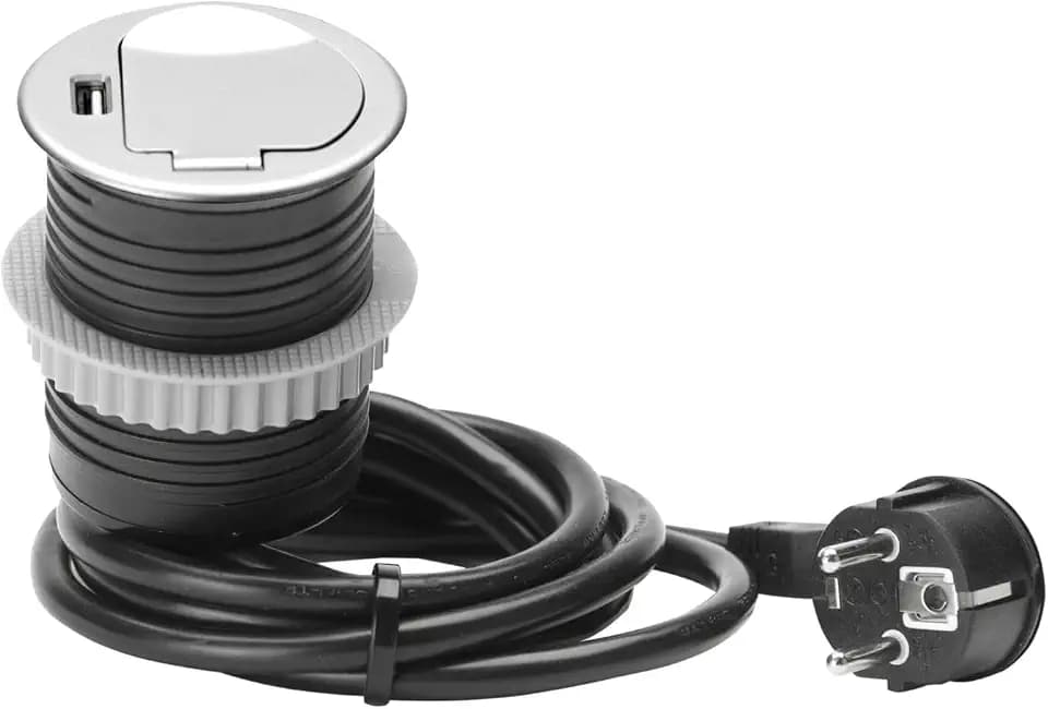 UNITEC Einbausteckdose für Tischplatte, Tischsteckdose, 1xSchuko + 1xUSB, Schutz durch Deckel zum Schieben aus Edelstahl, Kabel 1,5 m, Erforderlicher Bohrungsdurchmesser: 60 mm