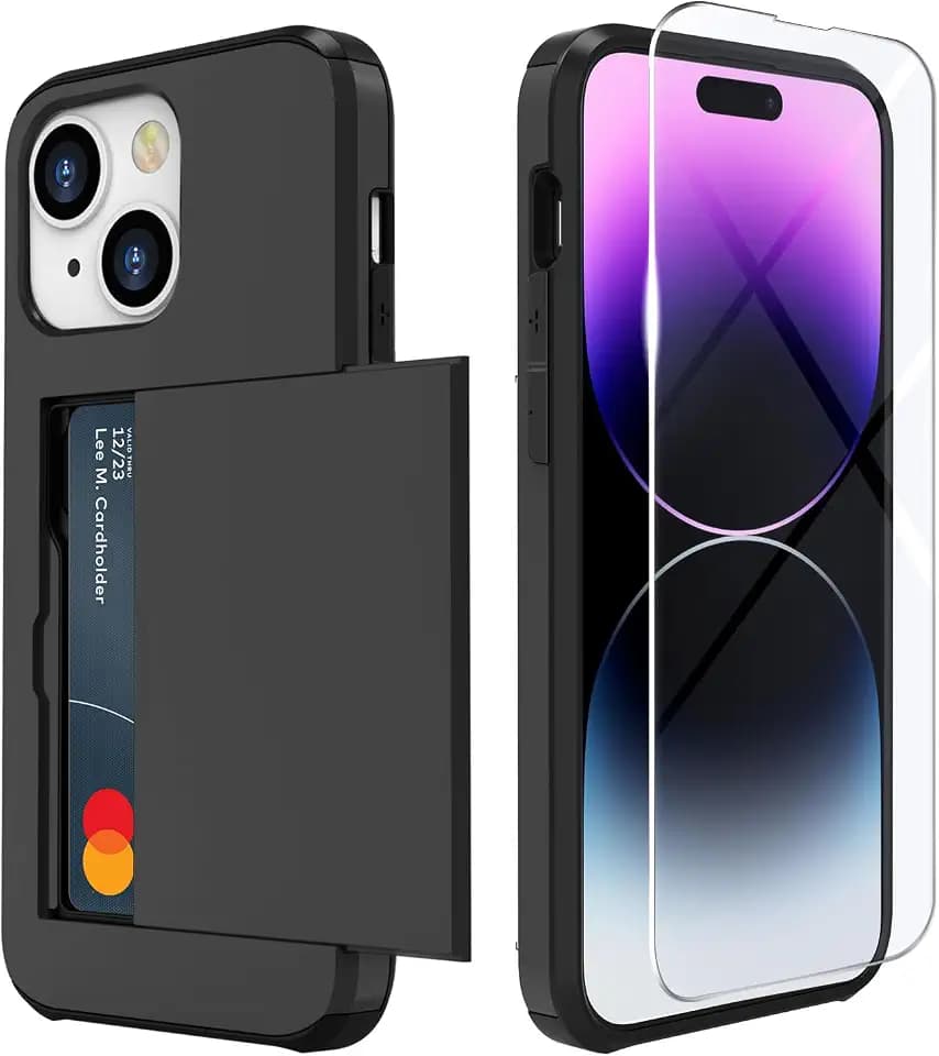 ZUSLAB Card Holder Slot Case Compatible with Apple iPhone 15 6.1 Inches 2023, Phone Wallet Case with 1 Tempered Glass Screen Protector, Rubber & PC Bumper Cover for Women Men, Black