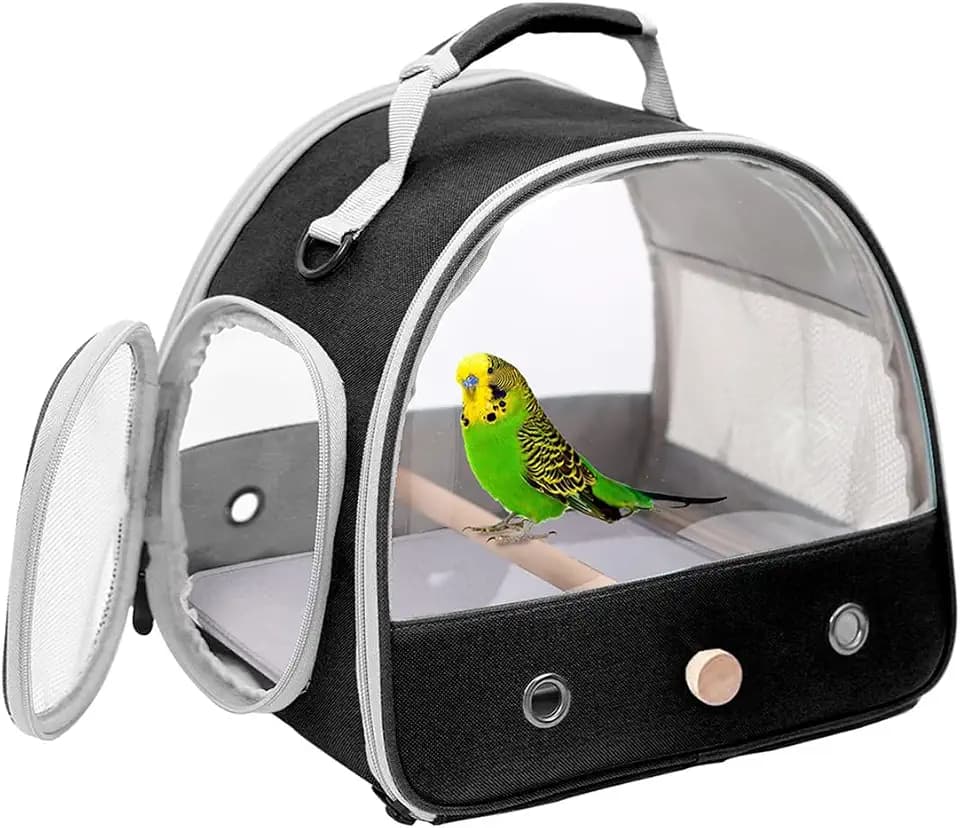 Bird Travel Carrier, Portable Small Bird Parrot Parakeet Carrier with Standing Perch and Mat, Side Access Window Collapsible (Black, Clear Windows)