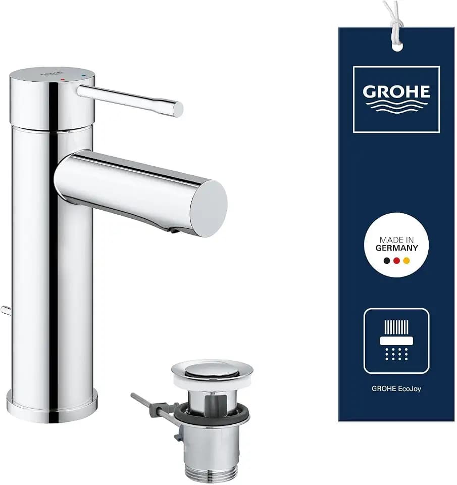 GROHE Essence, Waschtischarmatur, wassersparend (Wasserhahn für das Bad, Badarmatur mit Zugstangen-Ablauf, 17cm hoch, langlebige Oberfläche, einfache Installation am Waschbecken), chrom, 32898001