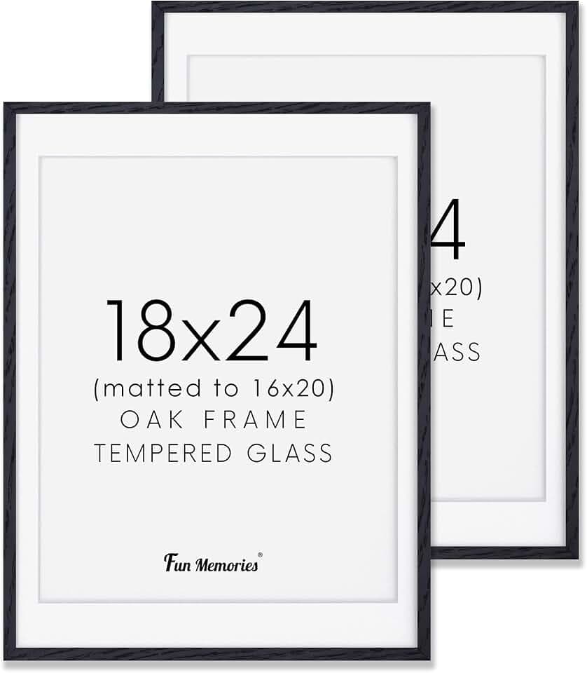 Fun Memories Black 18x24 Picture Frame, Large 18 by 24 Poster Frames Set of 2, Natural Oak Wood Frame 18 x 24 with Tempered Glass, 18x24 Black Wood Frames, 18"x24" Art Frame