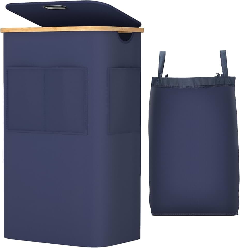 OUSFOT Wäschekorb mit Deckel 105L, Wäschesammler mit Griffen aus Bambus, Laundry Basket Wasserdicht aus 600D-Oxford-Stoff mit Abnehmbarem Wäschesack, Fronttasche, für Waschküche Schlafzimmer, Blau