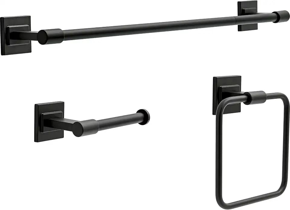 Delta Faucet McLaren 3-Piece Bathroom Set, Matte Black, 18"/24" Towel Rack, Toilet Paper Holder, Ring MCL63-MB