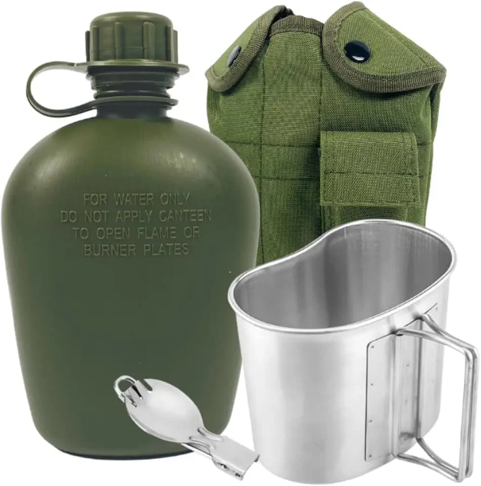 BeGrit Feldflaschenbecher Tragbar 1L Militär Überleben Trinkflasche Camping Wasserflasche mit Aluminium Draussen Feldflasche Stofftasche Grün Löffel für Sportwanderungen Camping Reisen Picknick