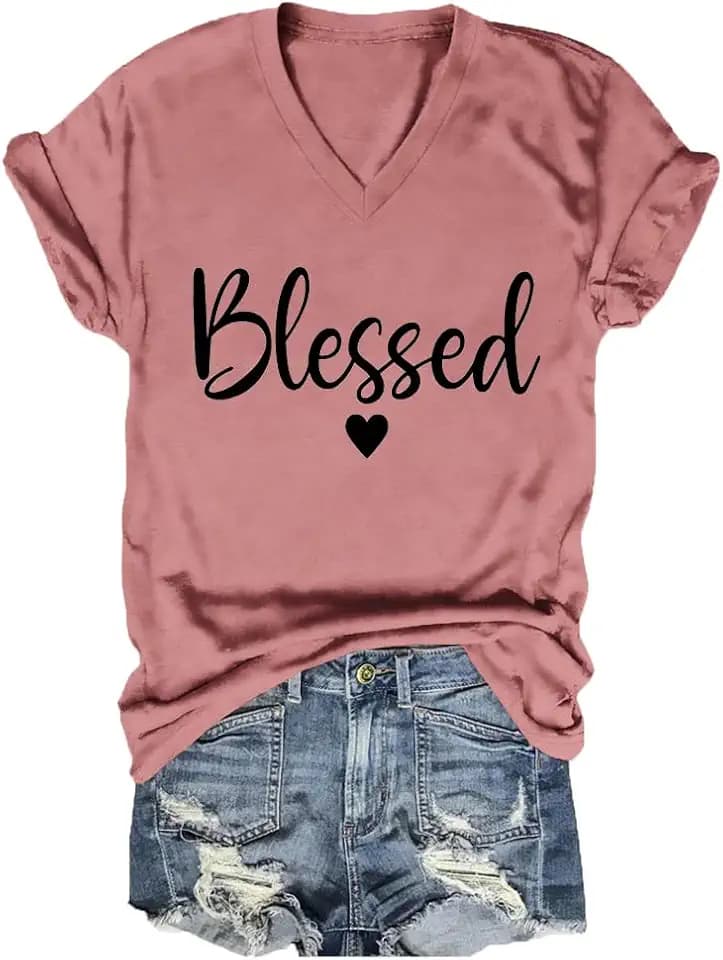 Blessed Shirts Women Cute Heart Graphic Tee V-Neck Short Sleeve Thankful T Shirt Casual Christian Religious Faith Top