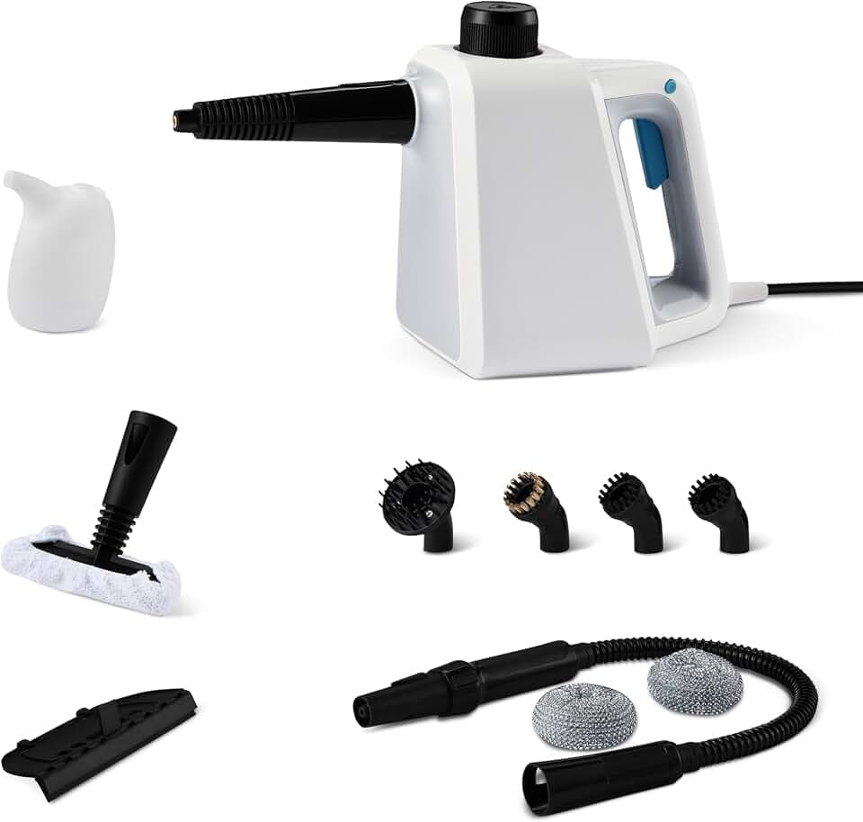 Amazon Basics Handdampfreiniger, 1000W, 250-ml-Tank, 9 Zubehörteile, 3,6-m-Kabel, für Bad, Küche, Auto, Weiß