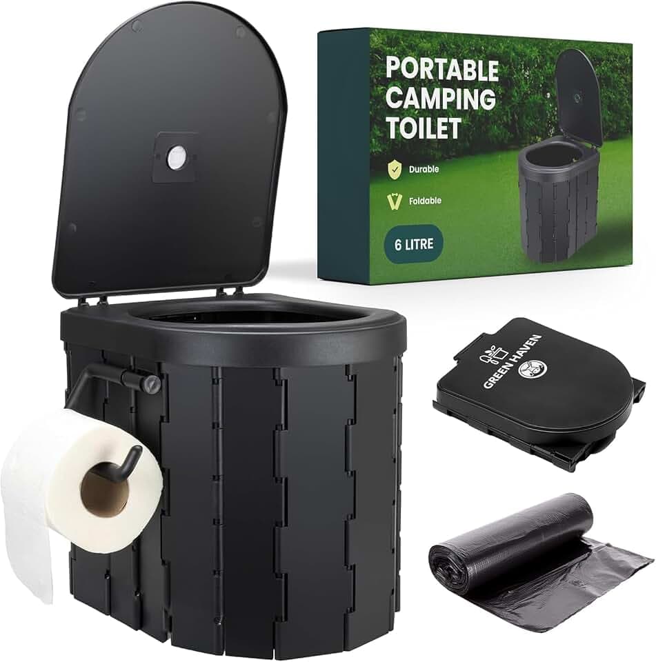 Green Haven Faltbare Campingtoilette - Tragbares Klo für Erwachsene mit 6L waschbarem Korb & eingebautem Rollenhalter - Reise-Toilette für Wohnwagen, Festival, Outdoor, Indoor Notfall