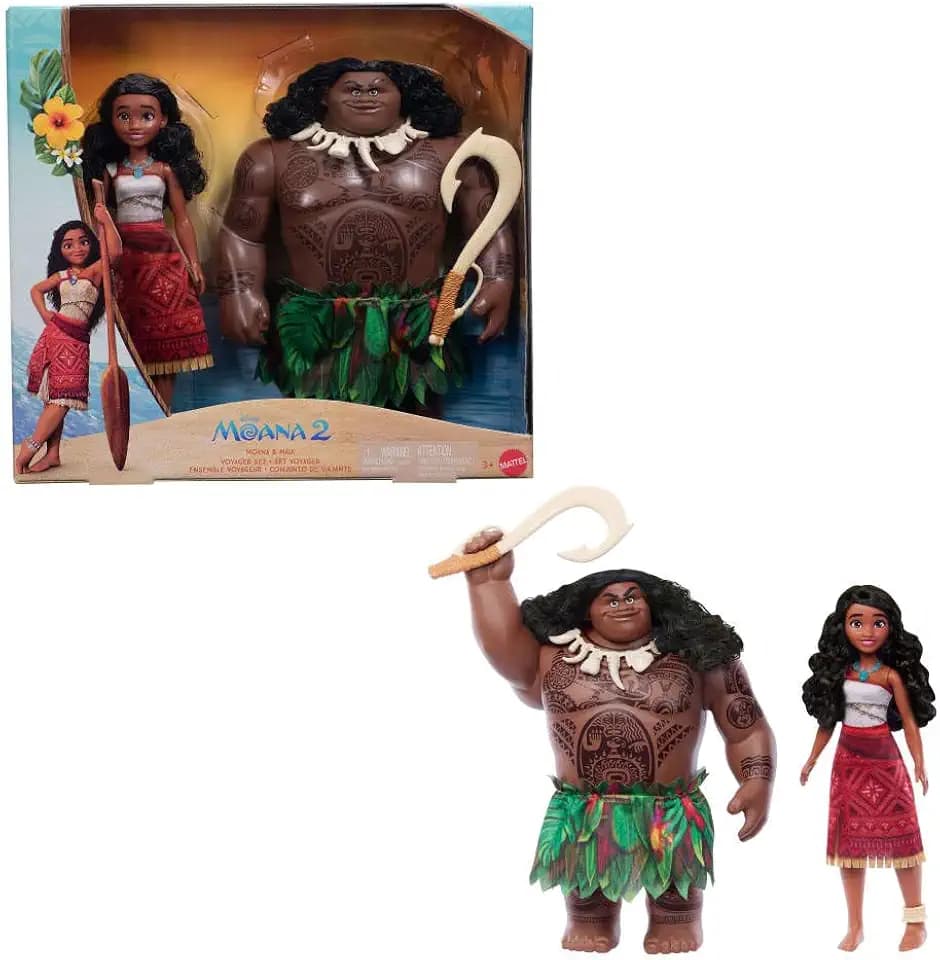 Mattel Disney Moana 2 Voyager 2 Puppen-Set, Moana & Maui Modepuppen in abnehmbaren Outfits mit 4 Zubehörteilen, inspiriert vom Film