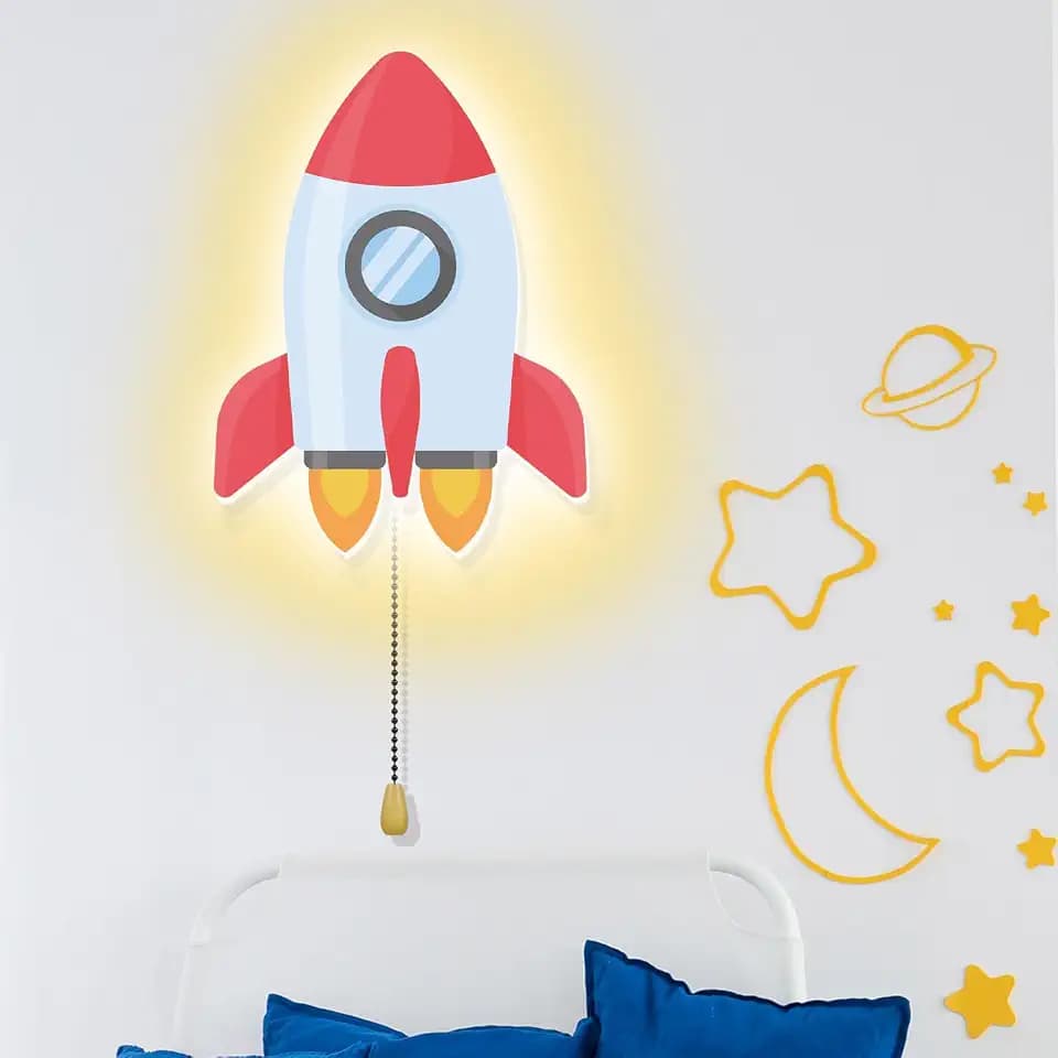 Aurelema Space Rocket Night Light Battery Operated Kids Nursery Wall Lamp