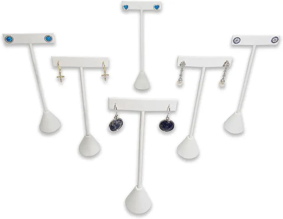 6Pcs Set Earring T Stand Display Set, Jewelry Display Stand for Showroom and Tradeshow Showcase Displays, various materials, 4 1/2 H in; 5 3/4 H in; 6 3/4 H in (White Leatherette)