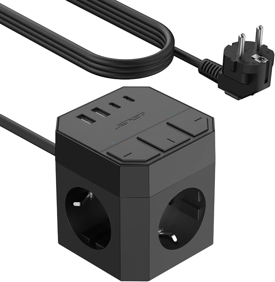 JSVER Steckdosenleiste Mit USB C, 3M Steckdosenwürfel Mehrfachsteckdose Cube 3680W mit 3 Einzeln Schaltbar, Steckerleiste mit 2 Typ-C, 2 USB für Zuhause Büro-Schwarz