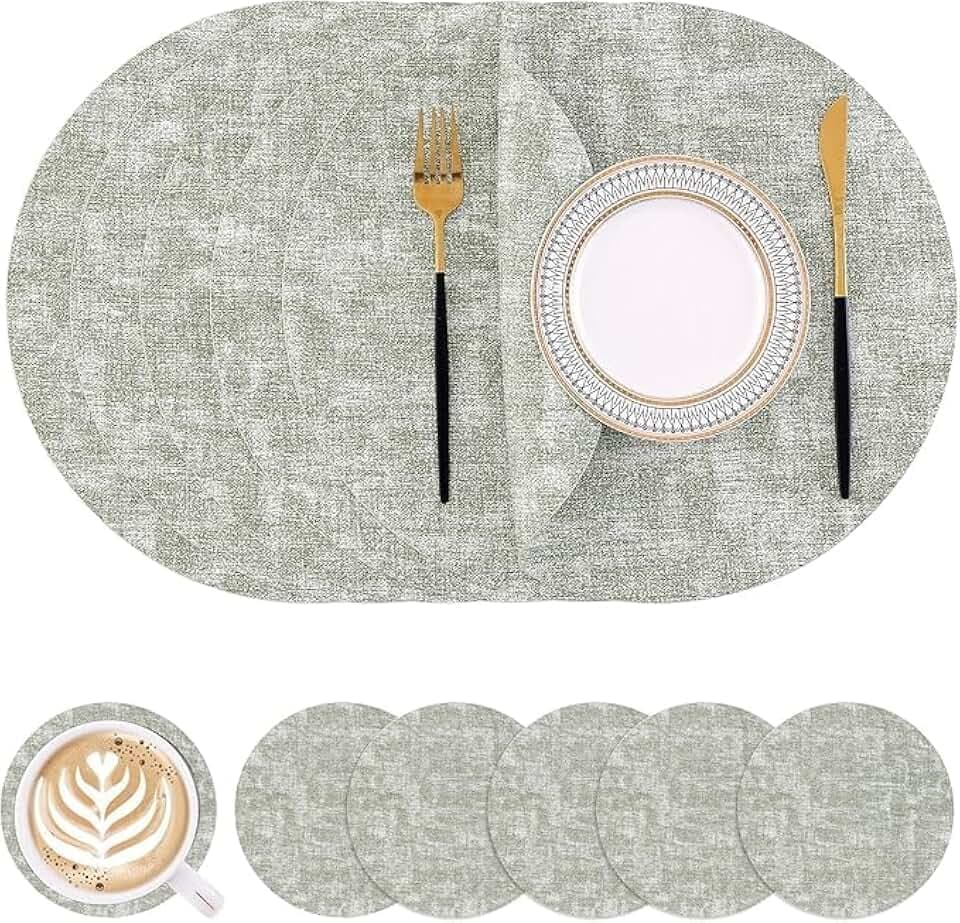 Homaxy Tischsets Abwaschbar, Rund Doppelseitig Abwischbar Wasserdicht rutschfest Platzset, Kunstleder Hitzebeständige Platzdeckchen mit Untersetzer (6er Set, Grün)