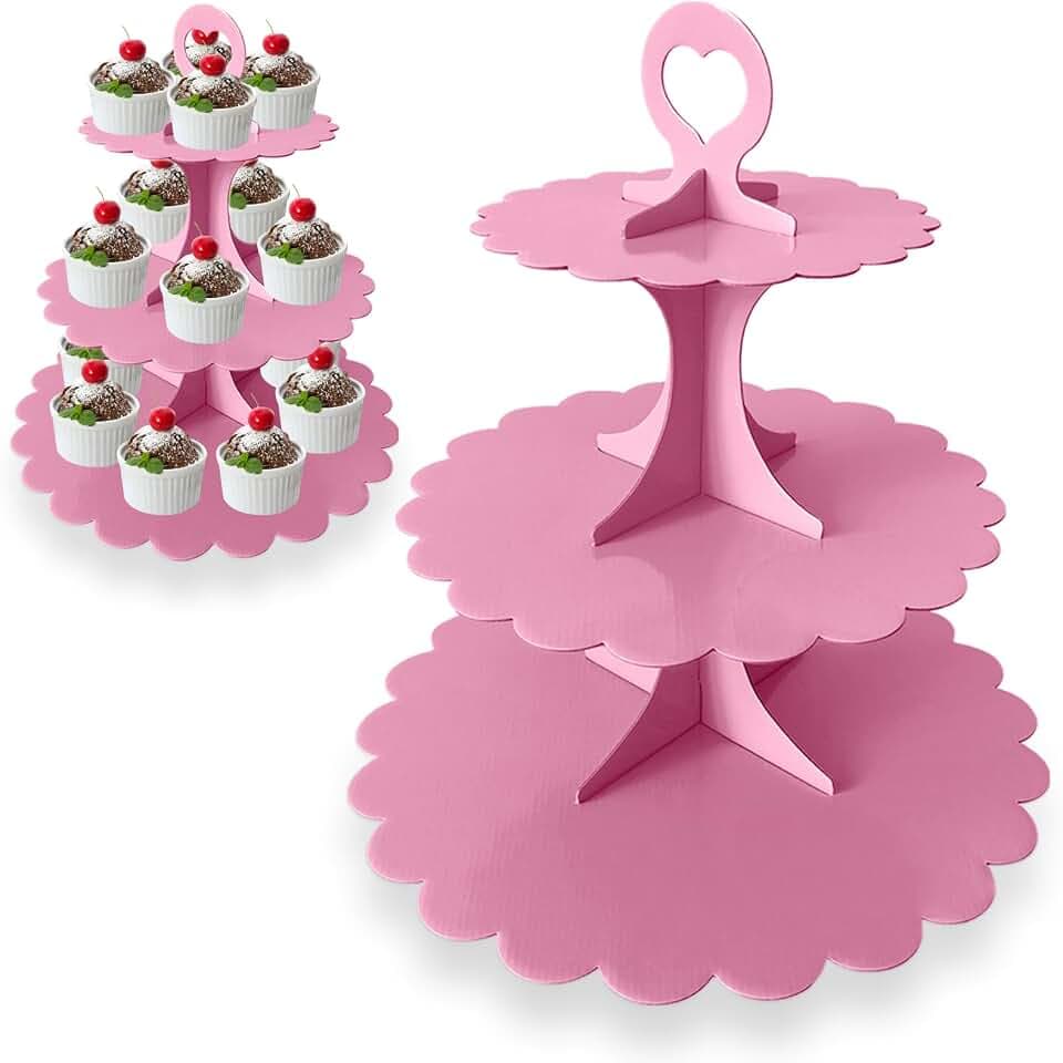 Pink Cupcake Stand 2-Pack 3-Tier, Cardboard Dessert Display Tower