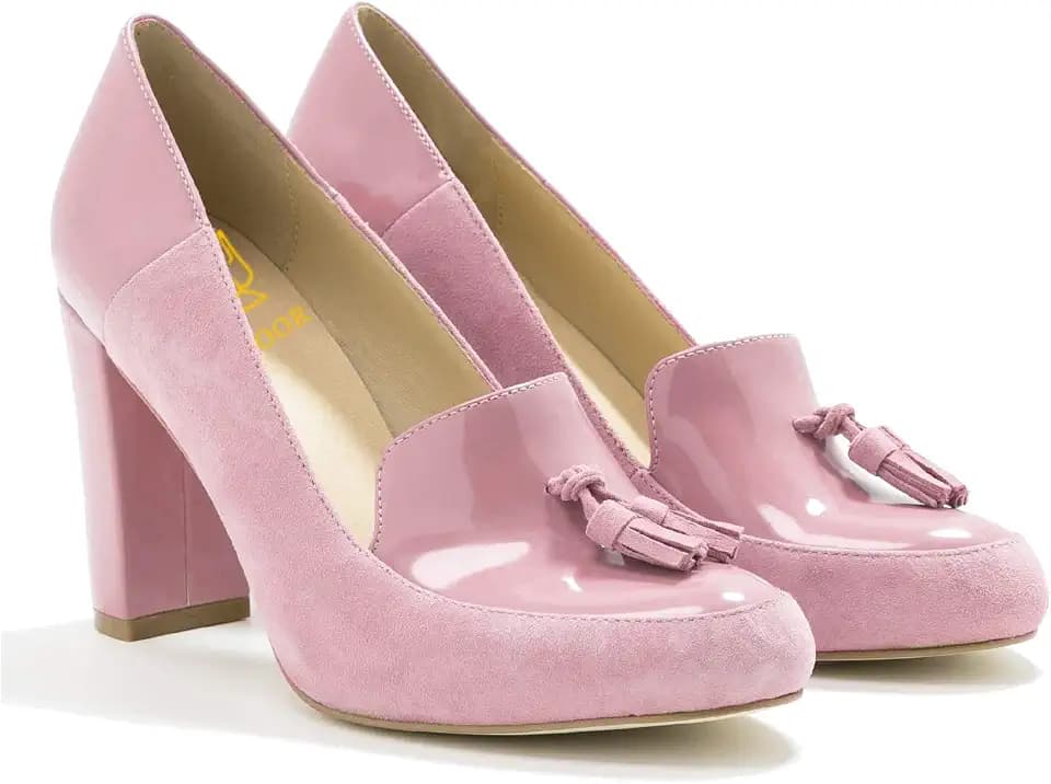 LEHOOR Women Chunky Block High Heel Fringed Pumps Round Toe, Slip On Dress Loafers with Tassel Suede Patent Leather Patchwork for Ladies Girls Office 4-15 M US