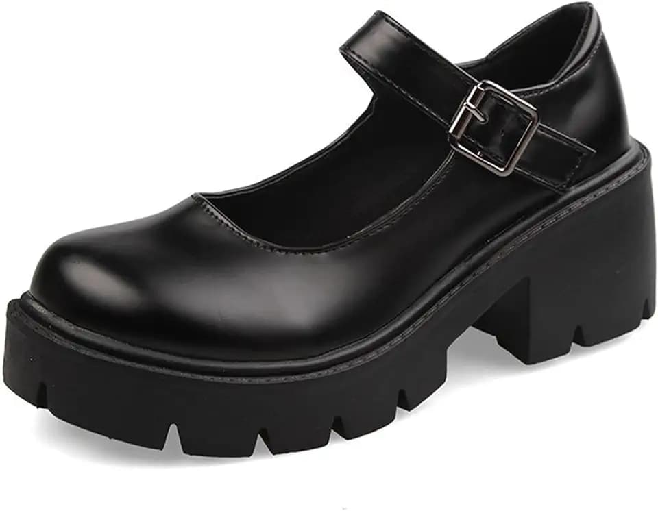 Women's Leather Chunky Platform Mary Jane Shoes Classic Round Toe Ankle Strap Chunky Heel Lug Sole Work Dress Pumps