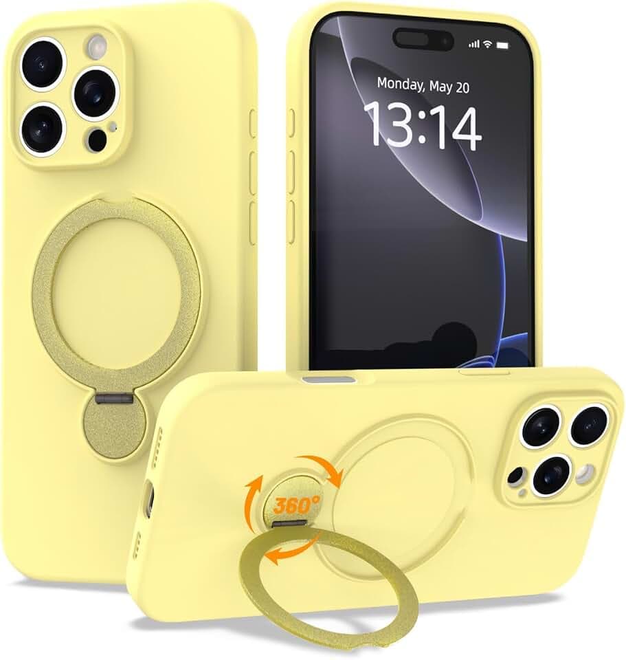 IAIYOXI Upgraded 360° Spin for iPhone 15 Pro Max Silicone case with Invisible Stand, Soft Anti-Scratch Microfiber Lining Inside Phone Cover with Kickstand Rotatable for Women and Men, Cream Yellow