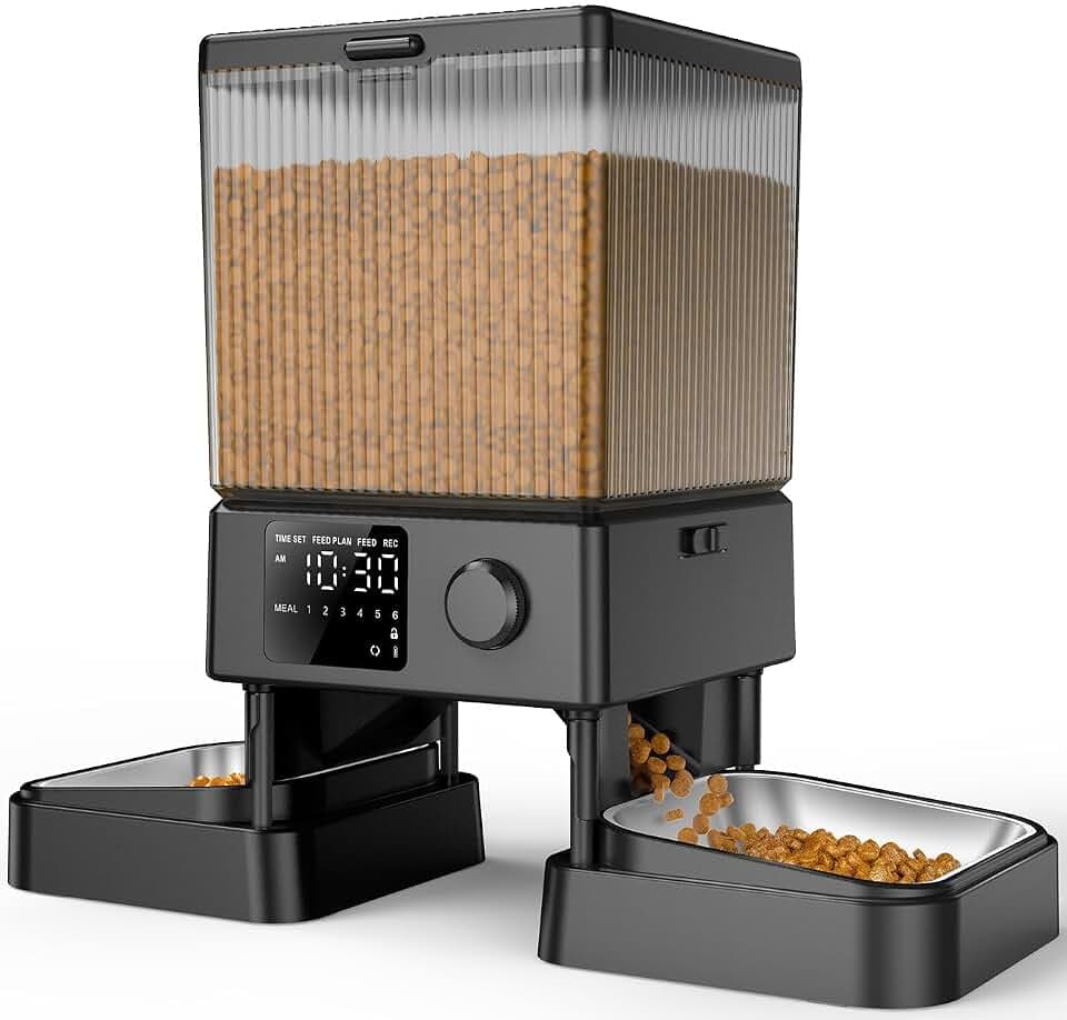 oneisall 5L Futterautomat Katze 2 Näpfe, Katzenfutter Automat mit einem Knopf, Einfache Bedienung, Futterspender für Katzen/Hunde, mit Edelstahlschüssel, Voice Recorder, für kleine/mittlere Haustiere