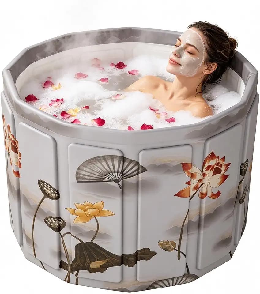 HAIKE Portable Bathtub Adult 89 Gal, Non-Inflatable Foldable Bathtub for Adults, 6-Layer Collapsible Bath Tub Dual Hole, Portable Tub for Home Gyms Outdoor, with Cushion and Bag (Lotus 31.5x26.4”)